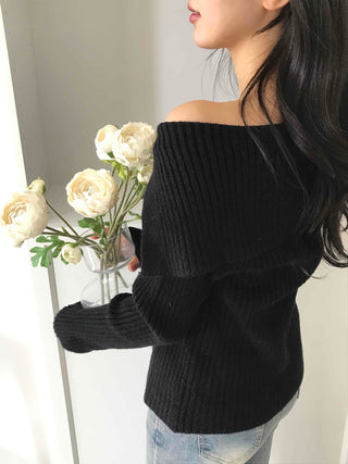 Off-shoulder Button Ribbed Cardigan