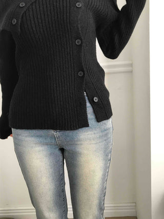Off-shoulder Button Ribbed Cardigan