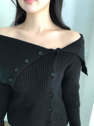 Off-shoulder Button Ribbed Cardigan