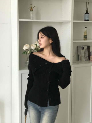 Off-shoulder Button Ribbed Cardigan