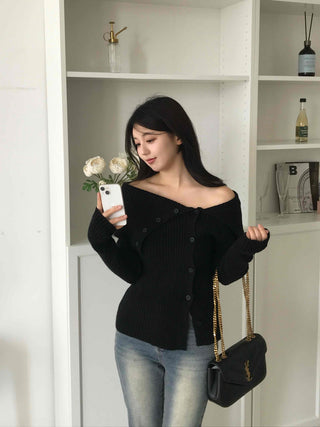 Off-shoulder Button Ribbed Cardigan