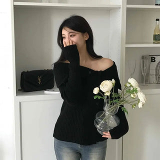 Off-shoulder Button Ribbed Cardigan