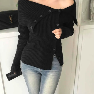 Off-shoulder Button Ribbed Cardigan