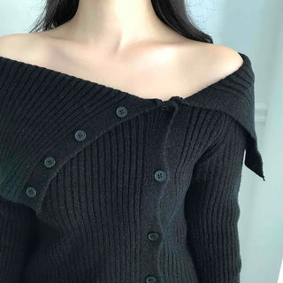 Off-shoulder Button Ribbed Cardigan