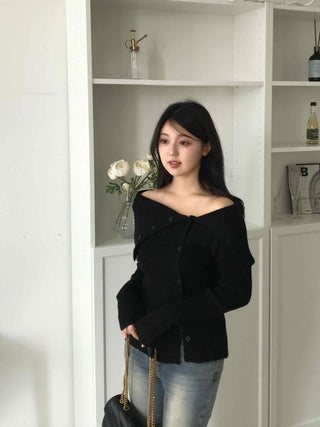 Off-shoulder Button Ribbed Cardigan