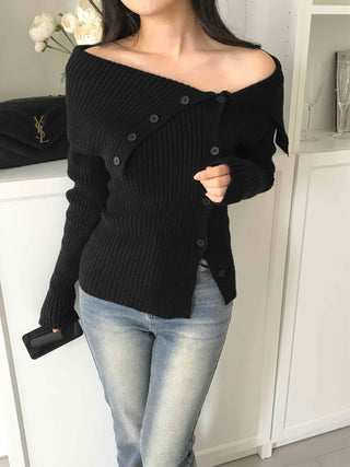 Off-shoulder Button Ribbed Cardigan