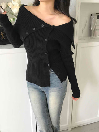 Off-shoulder Button Ribbed Cardigan