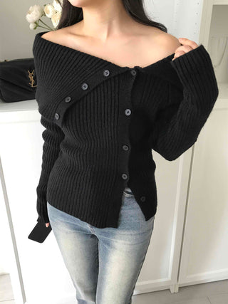 Off-shoulder Button Ribbed Cardigan