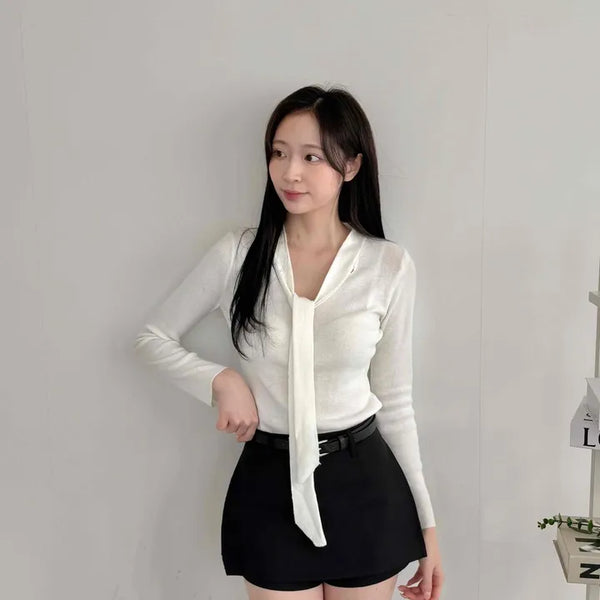 Classic Long Tie Neck Slim Fit Crop Knit