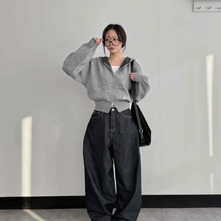 Dark balloon high-waisted denim long pants