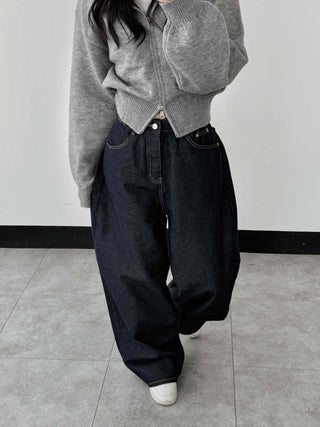 Dark balloon high-waisted denim long pants