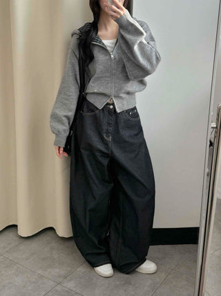 Dark balloon high-waisted denim long pants