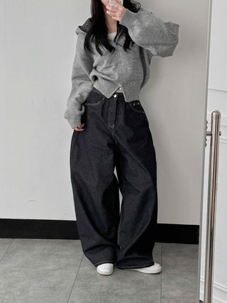 Dark balloon high-waisted denim long pants