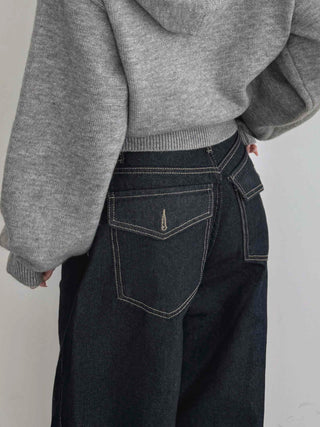 Dark balloon high-waisted denim long pants