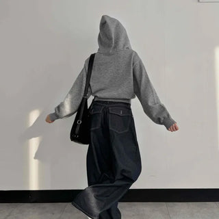 Dark balloon high-waisted denim long pants