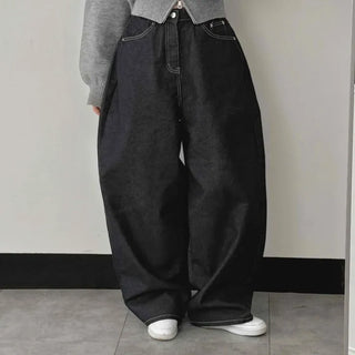 Dark balloon high-waisted denim long pants