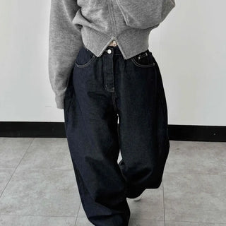 Dark balloon high-waisted denim long pants