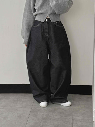 Dark balloon high-waisted denim long pants