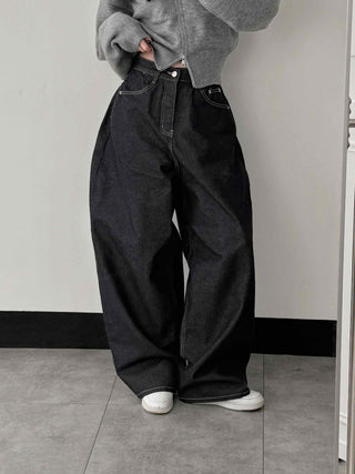 Dark balloon high-waisted denim long pants