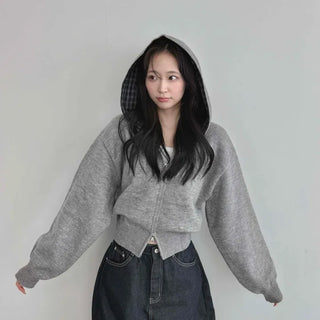 Check Color Block Cropped Loose Fit Knit Zip-Up Hoodie