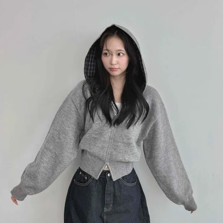 Check Color Block Cropped Loose Fit Knit Zip-Up Hoodie