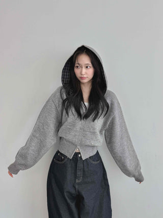 Check Color Block Cropped Loose Fit Knit Zip-Up Hoodie
