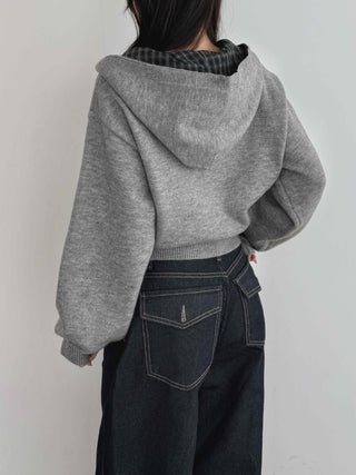 Check Color Block Cropped Loose Fit Knit Zip-Up Hoodie