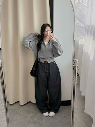 Check Color Block Cropped Loose Fit Knit Zip-Up Hoodie