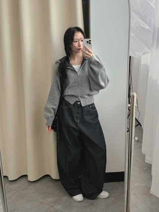 Check Color Block Cropped Loose Fit Knit Zip-Up Hoodie