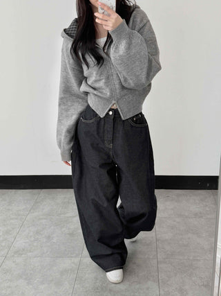 Check Color Block Cropped Loose Fit Knit Zip-Up Hoodie