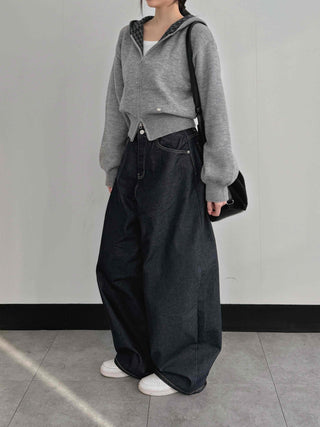 Check Color Block Cropped Loose Fit Knit Zip-Up Hoodie