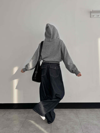 Check Color Block Cropped Loose Fit Knit Zip-Up Hoodie