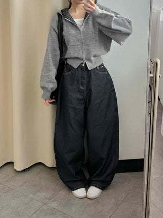 Check Color Block Cropped Loose Fit Knit Zip-Up Hoodie