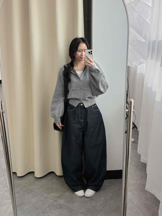 Check Color Block Cropped Loose Fit Knit Zip-Up Hoodie