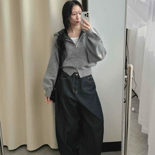 Check Color Block Cropped Loose Fit Knit Zip-Up Hoodie