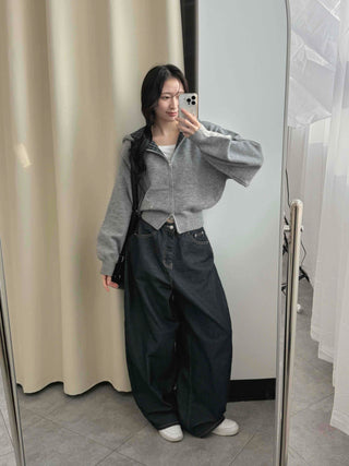 Check Color Block Cropped Loose Fit Knit Zip-Up Hoodie