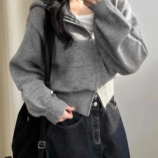 Check Color Block Cropped Loose Fit Knit Zip-Up Hoodie