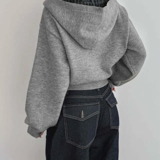 Check Color Block Cropped Loose Fit Knit Zip-Up Hoodie