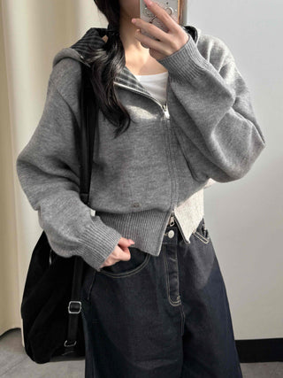 Check Color Block Cropped Loose Fit Knit Zip-Up Hoodie