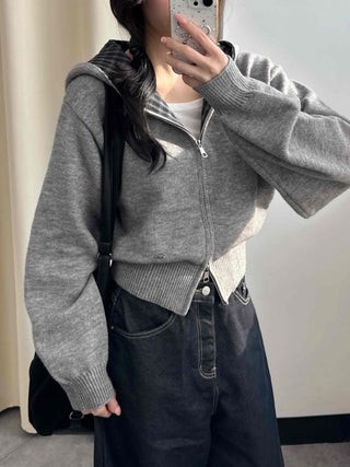 Check Color Block Cropped Loose Fit Knit Zip-Up Hoodie