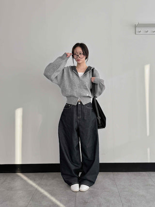 Check Color Block Cropped Loose Fit Knit Zip-Up Hoodie