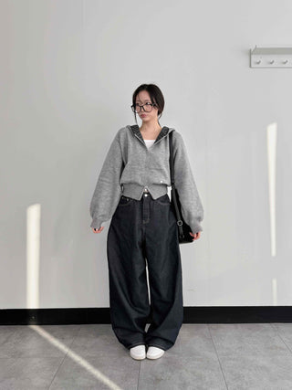 Check Color Block Cropped Loose Fit Knit Zip-Up Hoodie