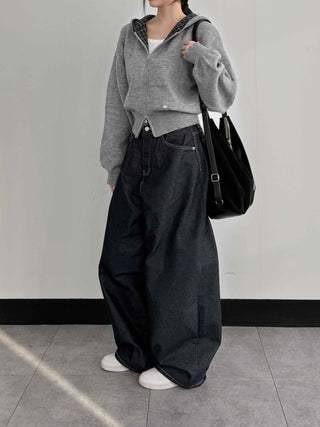 Check Color Block Cropped Loose Fit Knit Zip-Up Hoodie