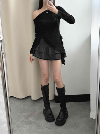 Pleated Frill Striped Skirt Pants