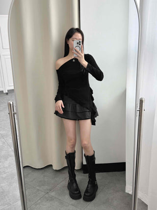 Pleated Frill Striped Skirt Pants