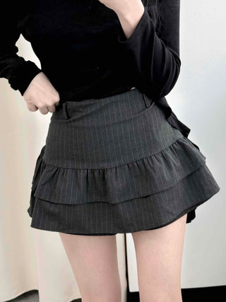 Pleated Frill Striped Skirt Pants