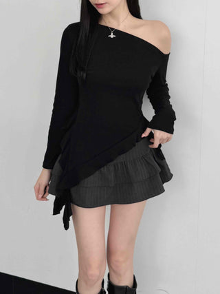Pleated Frill Striped Skirt Pants