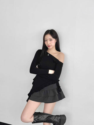 Pleated Frill Striped Skirt Pants