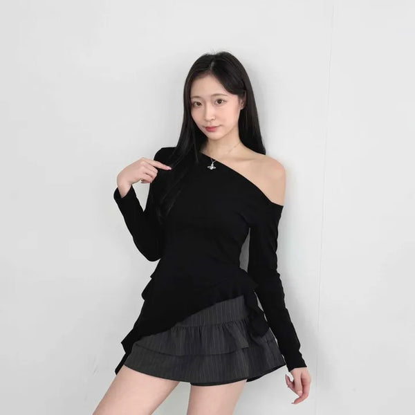 Pleated Frill Striped Skirt Pants