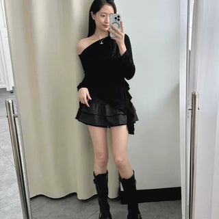 Pleated Frill Striped Skirt Pants